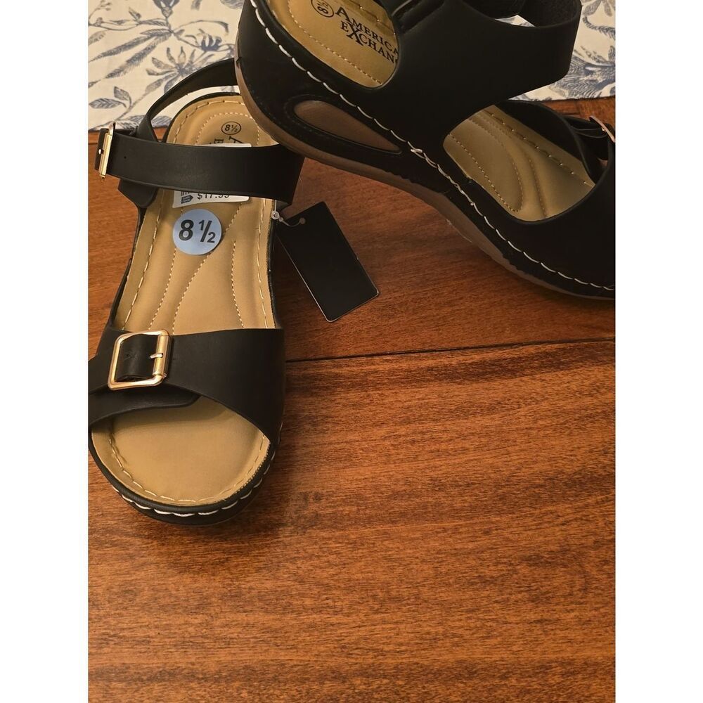 American Exchange Black Sandals with Gold Buckles